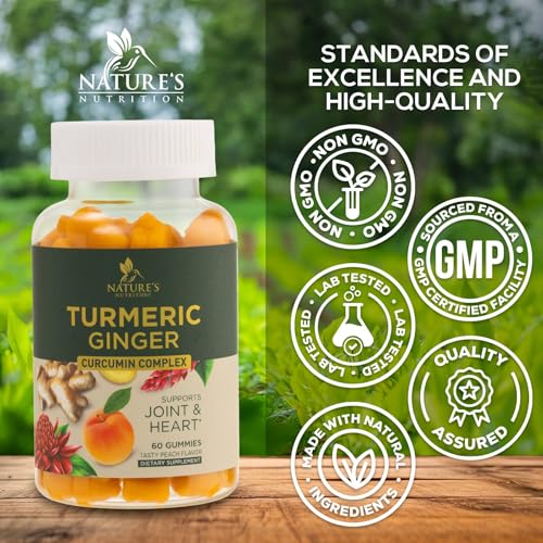 Turmeric Gummies - 95% Curcuminoids - Best Turmeric Curcumin Supplement with Ginger, Black Pepper for Enhanced Absorption, Natural Vegan Joint Support Curcumin Gummy - Tasty Peach Flavor - 60 Gummies