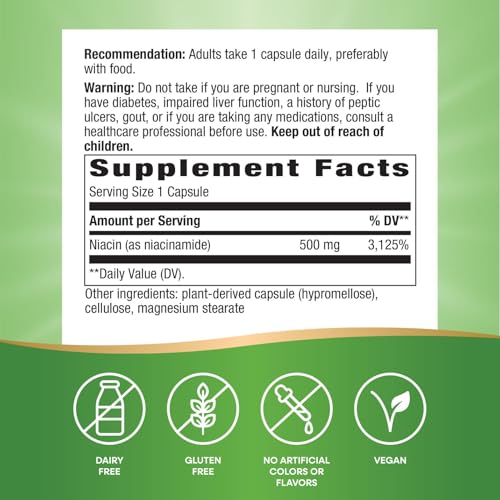 Nature's Way Niasinamid - Kızarıklığa Neden Olmayan B3 Vitamini İçeren Niasinamid Kapsülleri - Hücresel Enerjiyi Destekler* - Porsiyon Başına 500 mg - Glutensiz ve Vegan - 100 Adet (100 Porsiyon)