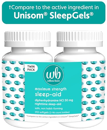 Wellness Basics Sleep Aid | Maximum Strength Diphenhydramine HCl 50 mg | Non-Habit Forming | Twin Pack -192 Total Softgels for Restful Sleep