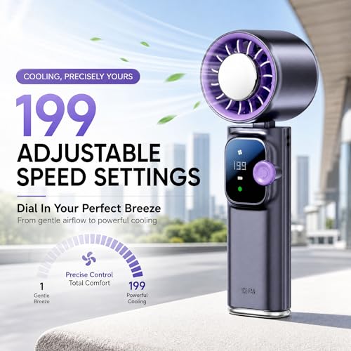 Portable Handheld Fan with Ice Cooling Personal Rechargeable Mini Neck Fan | 199-Speed 20000RPM 4000mAh Battery Powered up to 15hrs, LED Display Foldable & Hangable for Travel, Camping & Outdoor, Purple