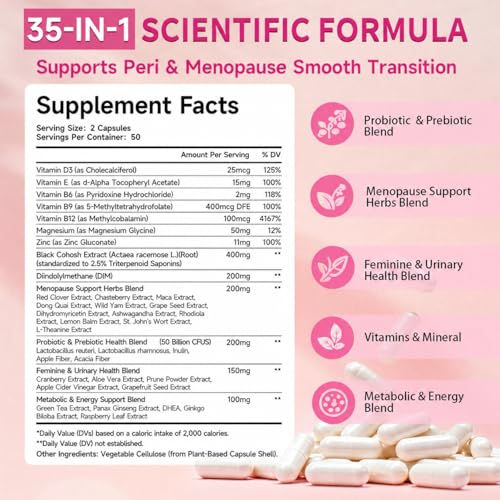 Menopause Supplements For Women, 400mg Black Cohosh 200mg DIM, 100 Capsules | 35-in-1 with Dong Quai, Ashwagandha, Red clover & Probiotics, Hormone Balance, Hot Flashes, Night Sweats & Menopause Support