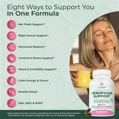 PurePremium Menopause Supplements for Women with KSM-66® Ashwagandha | Rhubarb Extract & Black Cohosh - Hot Flashes, Night Sweats, Perimenopause Support - Hormone Balance & Cortisol Support - 60ct