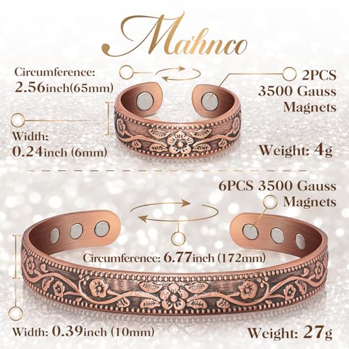Mahnco Copper Bracelet for Women Pure Copper Magnetic Bracelet Jewelry Gift | 100% Pure Copper Cuff Bangle & Lymph Detox Ring with 3500 Gauss Magnets, Adjustable, Vintage Flower