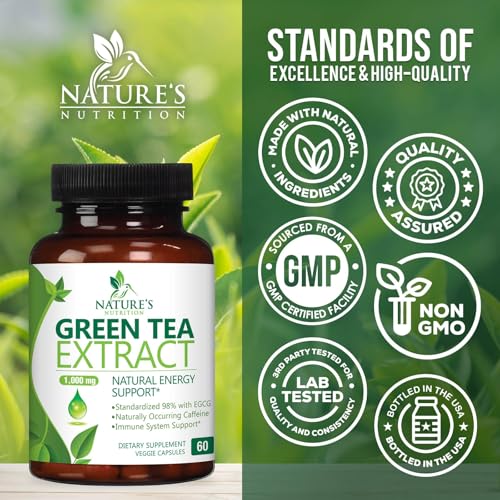 Green Tea Extract 1000mg - Premium Green Tea Extract Pills with 45% EGCG, 98% Polyphenols for Natural Energy - Nature's Antioxidant Herbal Heart Support Supplement, Bottled in USA - 60 Capsules