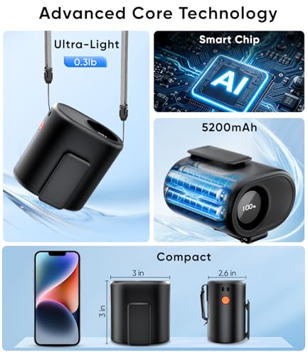 AI Portable Waist Fan, 6-Speed 15,000RPM Strong Turbo Airflow, 30H Cooling Battery Powered Personal Fan Rechargeable, Wearable Hands-Free Shirt/Belt/Body Fan for Travel, Work, Outdoor, Gift for Men