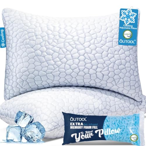 QUTOOL Cooling Pillow for Sleeping, CertiPUR-US Shredded Memory Foam Queen Pillows Set of 2, Cool Pillow for Hot Sleepers Adjustable Firm Pillow for Side, Back, Stomach Sleepers Soft Yet Support,White