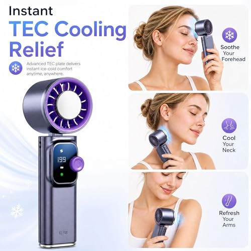 Portable Handheld Fan with Ice Cooling Personal Rechargeable Mini Neck Fan | 199-Speed 20000RPM 4000mAh Battery Powered up to 15hrs, LED Display Foldable & Hangable for Travel, Camping & Outdoor, Purple