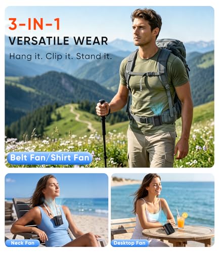 AI Portable Waist Fan, 6-Speed 15,000RPM Strong Turbo Airflow, 30H Cooling Battery Powered Personal Fan Rechargeable, Wearable Hands-Free Shirt/Belt/Body Fan for Travel, Work, Outdoor, Gift for Men
