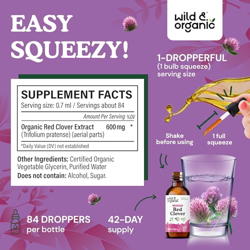 Wild & Organic Red Clover Herb Drops - Menopause Supplements Women - 2 oz | Women's Support - Red Clover Tincture - Add to Tea Herbal Drops - Liquid Blossoms Extract - No Sugar & Alcohol-Free