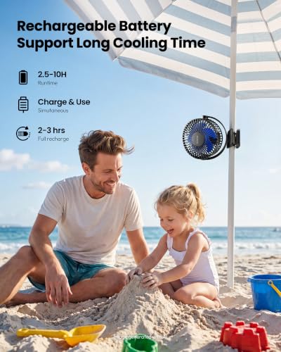 Gaiatop Portable Clip on Fan, Mini Personal Quiet Rechargeable Fan | Battery Operated, Small 3 Speed 360° Rotate, Cooling for Desk Table Home Office Stroller Camping Women Gifts Black Blue