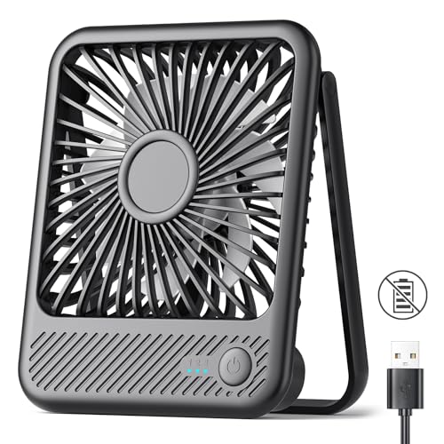 Koonie USB Desk Fan, Strong Wind Ultra Quiet Small Mini Fan | 180° Tilt Folding & 3 Speeds Adjustable, USB-C Corded Powered Personal Fan for Office Desktop Bedroom, Black, NO BATTERY