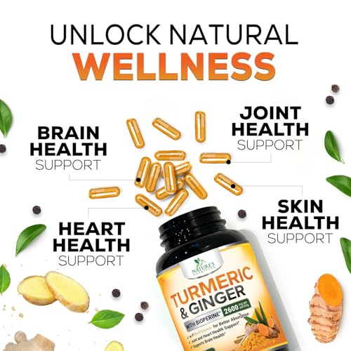 Turmeric Curcumin Supplement 2600mg with Organic Turmeric & Ginger - 95% Curcuminoids & BioPerine Black Pepper Extract for Best Absorption - Natural Vegan Joint Support, Bottled in USA - 60 Capsules