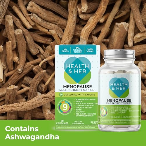 Health & Her Menopause Supplement, Multivitamin for Women, 30 Day Supply | 9-in-1 daily multivitamin for women during Menopause, with Ashwagandha & Red Clover; Vegan, gluten-free; 60 capsules