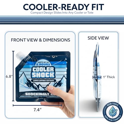Cooler Shock Reusable Ice Packs for Cooler - Long Lasting Cold Freezer Packs for Coolers and Lunch Boxes - Cooler Ice Packs for Camping Gear, Fishing, Road Trips, Beach Must Haves