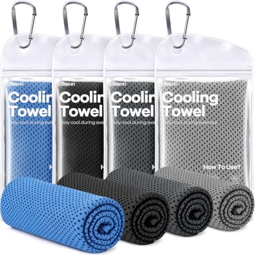 ROXUN Cooling Towels, 4 Pack (40''x12'') Chilly Ice Rags for Neck and Face | Gray+Dark Gray+Blue+Black, Soft Breathable, Sports and Outdoor Workouts, Comes with Storage Bags & Carabiners