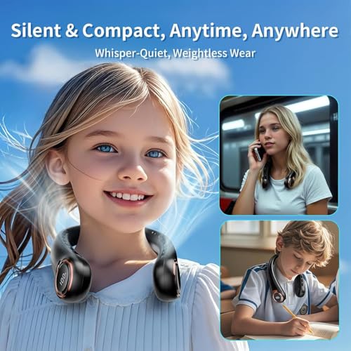 Portable Neck Fan with 6000mAh USB - Rechargeable Battery, Ultra-Light Bladeless Neck Fan LED Display, 360° Cooling Wearable Fan, 3 Speeds (Black)