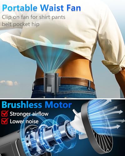 Waist Fan Clip on-Mini Lightweight Portable Fans Rechargeable Under Shirt Belt Pants Body Fans that Blow Cold Air,Waistband Cooling Fan,Powerful Small Personal Hanging Neck Cooler AC Travel Black