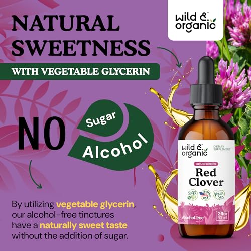 Wild & Organic Red Clover Herb Drops - Menopause Supplements Women - 2 oz | Women's Support - Red Clover Tincture - Add to Tea Herbal Drops - Liquid Blossoms Extract - No Sugar & Alcohol-Free