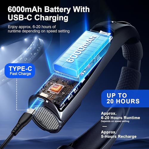 Portable Neck Fan with Reading Light, 6000mAh USB-C Rechargeable Hands Free Fan, 6-Speed Wearable Fan, 360° Cooling Summer Gifts for Men Women, Travel, Camping, Outdoor Work - Black