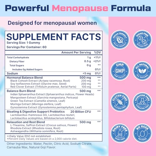 Menopause Supplements for Women, Hot Flashes & Night Sweats, 60-Day Supply | 16-in-1 Menopause Gummies, with Black Cohosh, Ashwagandha & Probiotic for Menopause Relief & Mood Balance, Goji Flavor