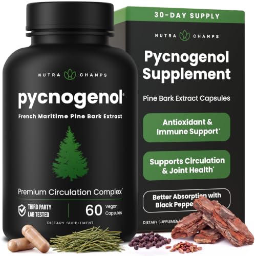 NutraChamps Pycnogenol French Maritime Pine Bark Extract, Premium Circulation Complex, Blood Flow, Nitric Oxide Production, Superior Absorption, Results with Black Pepper Extract, 60 Capsules