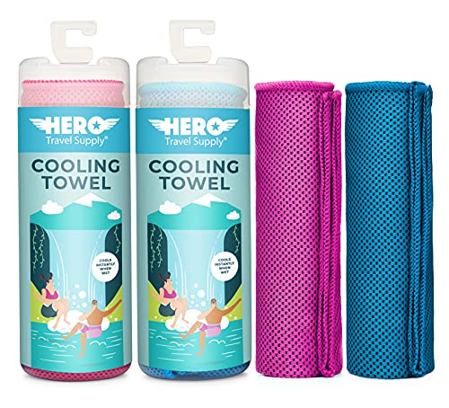 Hero Cooling Towel for Travel, Hiking, Sports, Yoga (2-Pack) Ultra Soft Microfiber 40" x 12" (Pink/Blue)