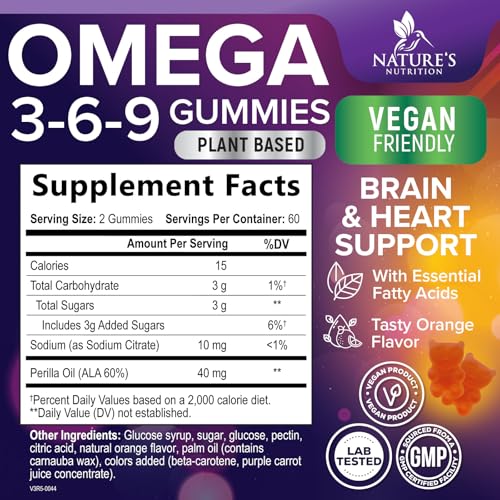 Omega 3 6 9 Gummies - Vegan Omega 3 Supplement Gummy - Essential Fatty Acids Oil 369 Complex Heart Support & Brain Support for Women, Men & Pregnancy, Fish Free Non-GMO, Orange Flavored - 120 Gummies