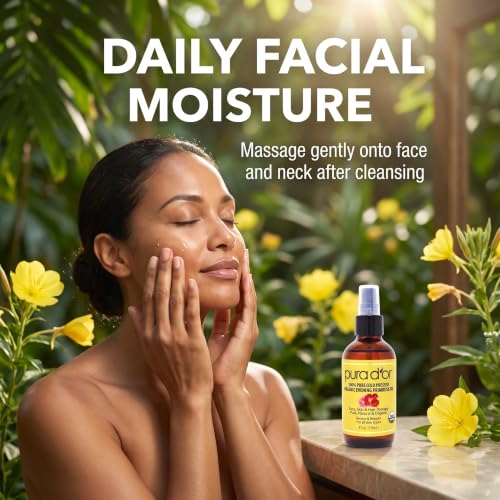 PURA D'OR Organic Evening Primrose Oil 100% Pure Cold Pressed w/Essential Fatty Acids & Antioxidant Rich - Moisturizes, Rejuvenates, Renews & Restores - Skin, Hair & Face 4 Oz Ayurvedic Skin Care