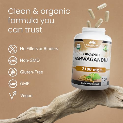 NaturaLife Labs Organic Ashwagandha 2100 mg per Serving – Full Spectrum Root Powder and Standardized Extract (Withanolides) – 100 Capsules – Vegan – Non-GMO, Gluten-Free