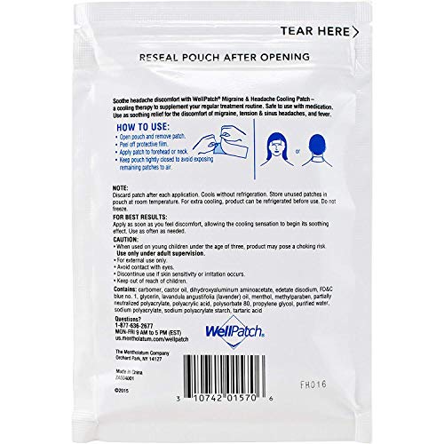 WellPatch Cooling Headache Pads, Migraine, 4 Large Patches- 4.3 x 2 Inch (Pack of 6)