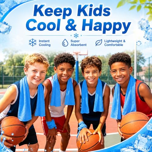 BobbleT Kids PVA Cooling Towels 4 Pack (30"x9") - Mini Instant Ice Cooling Towels for Neck & Face with UPF 50+ Sun Protection, Reusable Summer Heat Relief for Outdoor Activities, Blue