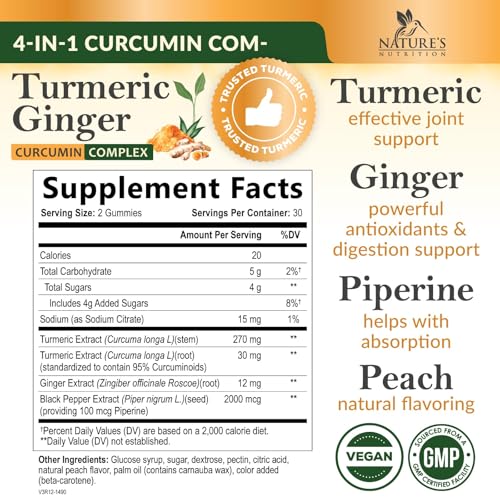 Turmeric Curcumin Supplement Gummies - 95% Curcuminoids with Turmeric & Ginger, Black Pepper for Best Absorption, Nature's Vegan Joint Support Gummy, Gluten Free, Tasty Peach Flavor - 60 Gummies