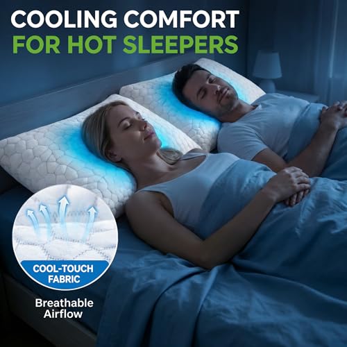 SUPA MODERN Cooling Pillow Queen Size Set of 2, CertiPUR-US Shredded Memory Foam Pillows for Sleeping, Cool Bed Pillows for Hot Sleepers, Adjustable Firm Pillow for Side,Back,Stomach Sleepers
