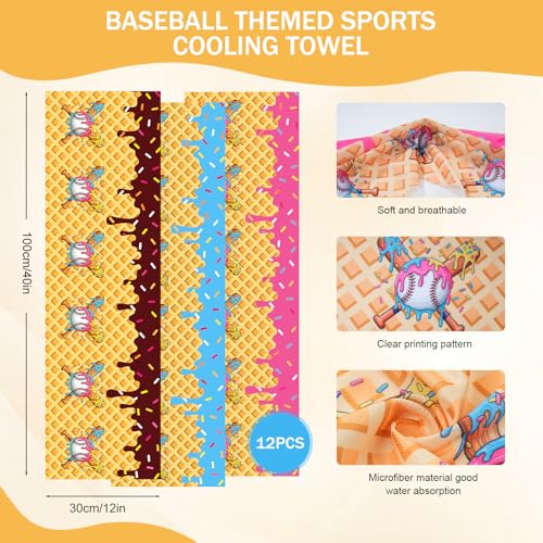 12 Pcs 40"x12" Baseball Cream Drip Cooling Towels for Yoga Gym Coach | Microfiber Chilly Sports Towels, Breathable Sweat Absorbent Rags for Hot Weather Workout, Ideal Team Gifts & Party Favors