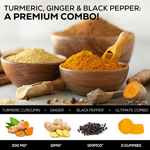 Turmeric Curcumin Supplement Gummies - 95% Curcuminoids with Turmeric & Ginger, Black Pepper for Best Absorption, Nature's Vegan Joint Support Gummy, Gluten Free, Tasty Peach Flavor - 60 Gummies