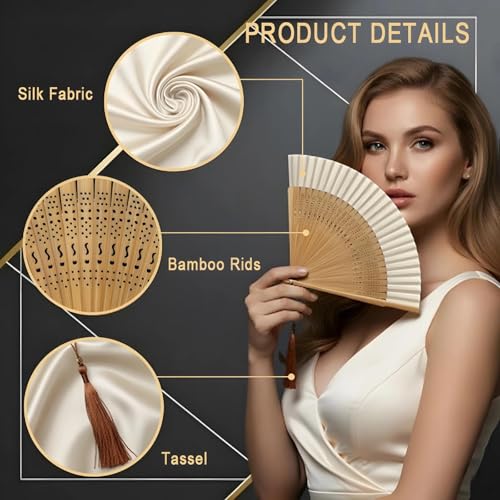 Lysa Hand Fan for Women Foldable - Portable Folding Japanese Chinese Fan - for Hot Flashes, Summer Cooling, Festivals, Church, Dancing (Bamboo White)