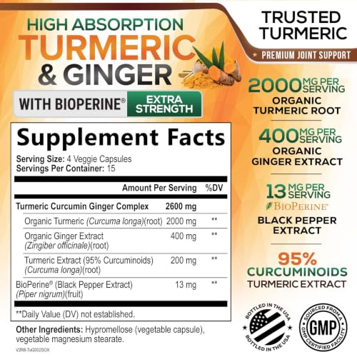 Turmeric Curcumin Supplement 2600mg with Organic Turmeric & Ginger - 95% Curcuminoids & BioPerine Black Pepper Extract for Best Absorption - Natural Vegan Joint Support, Bottled in USA - 60 Capsules