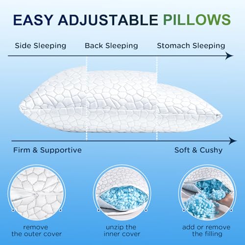 SUPA MODERN Cooling Pillow Queen Size Set of 2, CertiPUR-US Shredded Memory Foam Pillows for Sleeping, Cool Bed Pillows for Hot Sleepers, Adjustable Firm Pillow for Side,Back,Stomach Sleepers