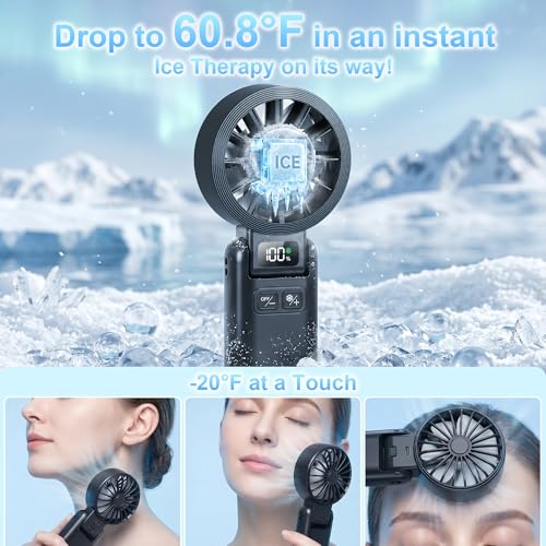 Handheld Portable Fan Ice Cooling 3-in-1 Hand, Desk & Neck Fan | 5-Speed, Independent Switch, Digital Display, Up to 12H Runtime, Foldable Personal Fan for Travel/Concerts/Sport Events/Gifts