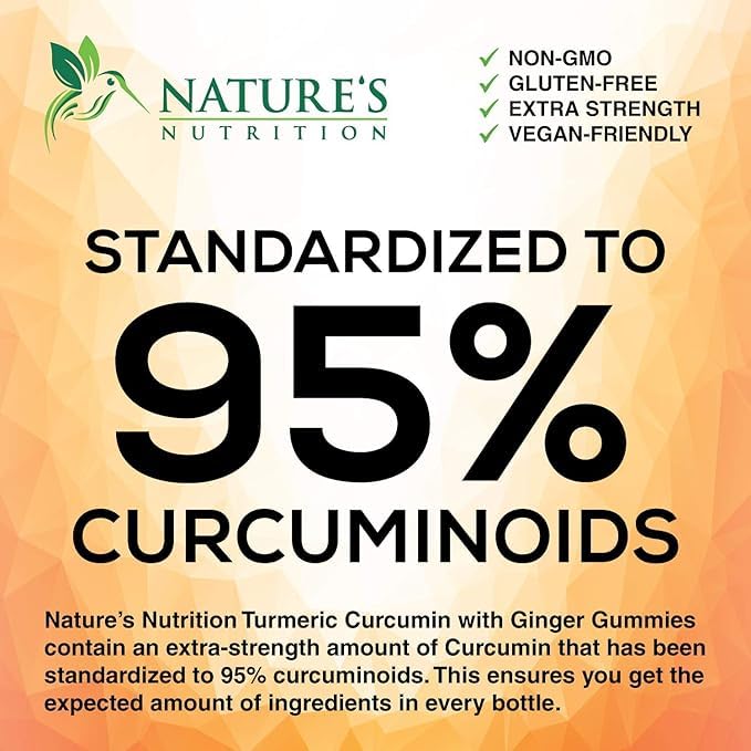 Turmeric Curcumin Supplement Gummies - 95% Curcuminoids with Turmeric & Ginger, Black Pepper for Best Absorption, Nature's Vegan Joint Support Gummy, Gluten Free, Tasty Peach Flavor - 60 Gummies