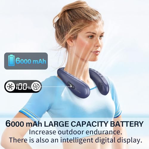 Neck Fan Back-Windy 6000mAh with Cooling Plate Bladeless Portable | Thermo-Electric Cooler Rechargeable Camping Essentials for Women Men Outdoor Activities Gardening Walking the Dogs(Navy Blue)