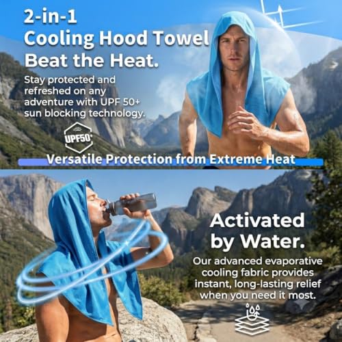 Double Cooling Hoodie Towels for Men and Women Rapid Sweat Absorption | PVA Cooling Towels for Neck and Face, Instant Cold Hooded Ice Towel for Sports, Gym, Hiking, Cycling in Hot Weather (Blue)