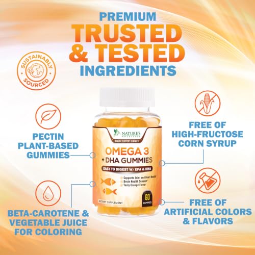 Omega 3 Fish Oil Gummies - Triple Strength Omega 3 Gummy Supplement with High Absorption DHA & EPA - Heart, Joint & Brain Support - Delicious Orange Flavor Fish Oil Nature's Vitamin - 60 Gummies