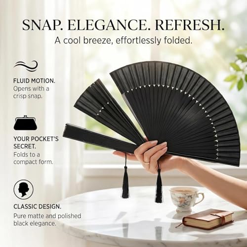 OMyTea Folding Hand Fan for Women - Foldable Chinese Japanese Vintage Bamboo Silk Fan - for Hot Flash, Church, Decoration, EDM, Music Festival, Dance, Party, Performance, Gift (Solid Sexy Black)