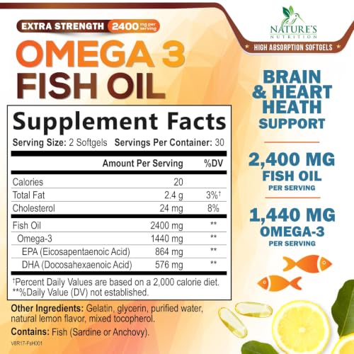 Omega 3 Fish Oil 2400mg - Triple Strength Daily Omega-3 Supplement with EPA & DHA - Natural Heart, Brain & Immune Support - Wild Caught Omega3 Fatty Acids - Gluten Free & Bottled in USA - 60 Softgels