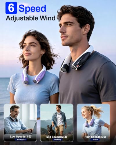 Portable Neck Fan, Max 20H, Rechargeable Personal Fan with 6000mAh Battery, 360° Cooling, 6 Speeds Hands-Free Wearable Fan, Gifts for Men, Women, Travel, World Cup, Outdoor