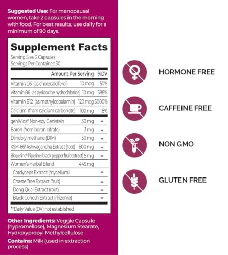 Menopause Relief for Women Reduces Hot Flashes 60 Count | Black Cohosh, Genivida & Ashwagandha Vitamin B6 B12 Relieve Night Sweats & Stress, Mood & Energy Support, Libido Boost 30 SVG