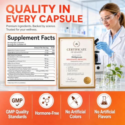Menopause Supplements for Women 90 Capsules – Hot Flash, Night Sweats, Mood & Sleep Support – Female Hormone Balance Capsules Containing Black Cohosh, Red Clover, DIM, Probiotics & Ashwagandha