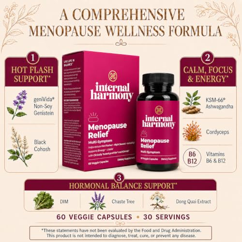 Menopause Relief for Women Reduces Hot Flashes 60 Count | Black Cohosh, Genivida & Ashwagandha Vitamin B6 B12 Relieve Night Sweats & Stress, Mood & Energy Support, Libido Boost 30 SVG