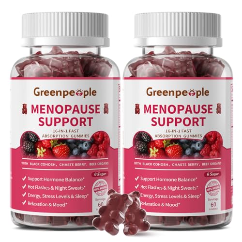 GREENPEOPLE Menopause Supplements for Women Gummies - 16-in-1 Dual Action Menopause Relief W/Black Cohosh, Vitex, Beef Organs for Hormone Balance, Hot Flashes, Night Sweats & Mood, 60 CT (2 Packs)